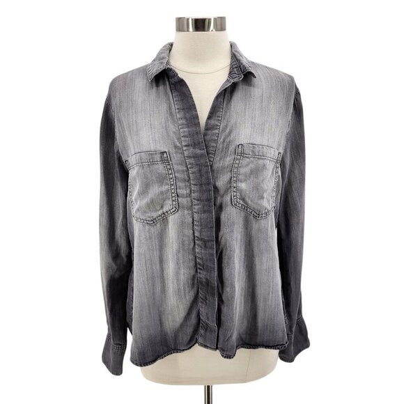 Anthropologie Cloth & Stone Tencel Distressed Gray Roll Tab Button Shirt Medium - Picture 1 of 9